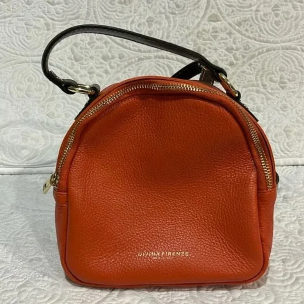 DIVINA FIRENZE Made In Italy Orange Leather Backpack with Gold Hardware